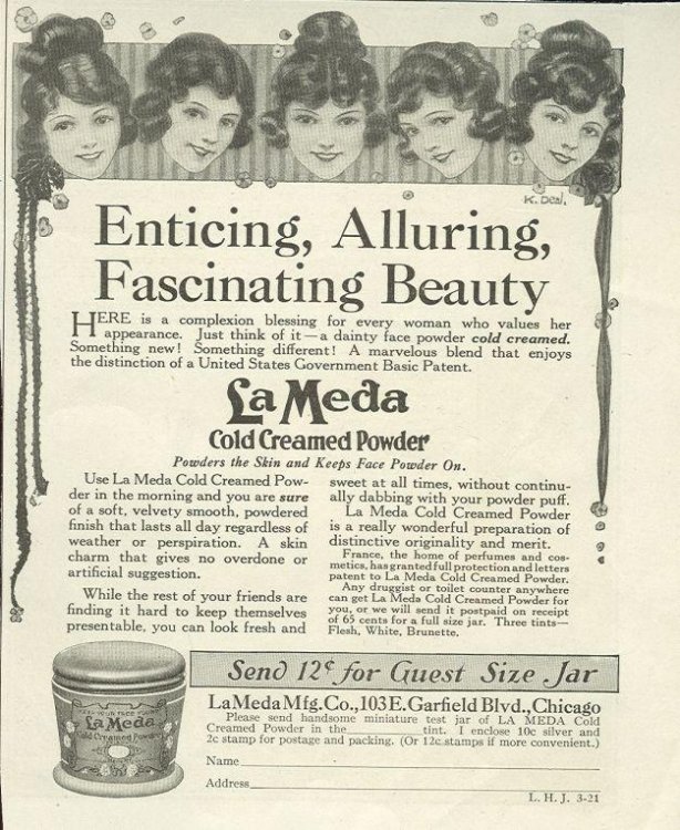 1921 LADIES HOME JOURNAL LAMEDA COLD CREAMED POWDER MAGAZINE ADVERTISEMENT