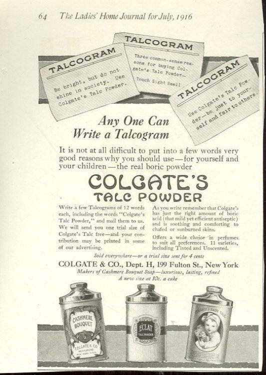 1916 LADIES HOME JOURNAL COLGATE TALC POWDER MAGAZINE ADVERTISEMENT