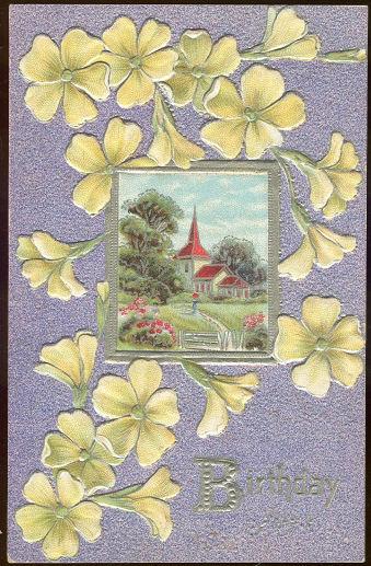 BIRTHDAY JOYS POSTCARD WITH FLOWERS AND CHURCH