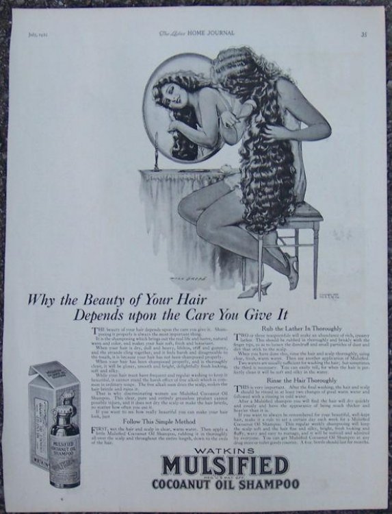 1921 LADIES HOME JOURNAL WATKINS MULSIFIED COCOANUT OIL SHAMPOO MAGAZINE ADVERTISEMENT