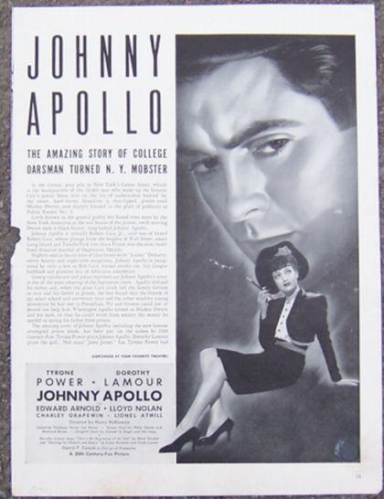 1940 JOHNNY APOLLO LIFE MAGAZINE ADVERTISEMENT