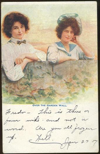 TWO LOVELY LADIES LOOKING OVER GARDEN WALL