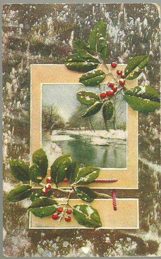 MERRY CHRISTMAS POSTCARD WITH SNOW AND HOLLY