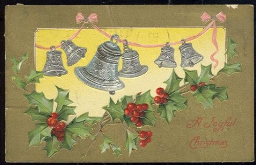 JOYFUL CHRISTMAS GOLD POSTCARD WITH SILVER BELLS