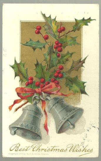 BEST CHRISTMAS WISHES POSTCARD WITH SILVER BELLS AND HOLLY