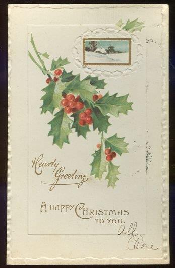 HAPPY CHRISTMAS POSTCARD WITH HOLLY AND WINTER SCENE