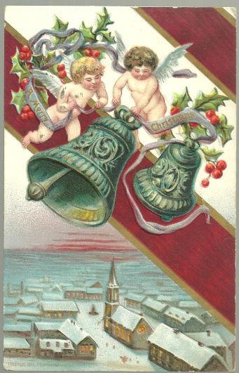 VICTORIAN CHRISTMAS POSTCARD WITH CHERUBS RINGING BELLS