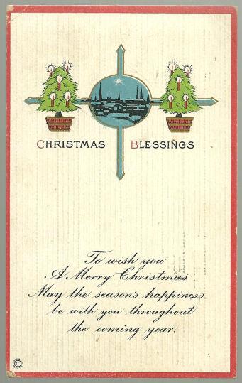 CHRISTMAS BLESSINGS POSTCARD WITH TREES AND LANDSCAPE