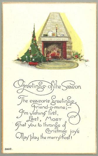 GREETINGS OF THE SEASON POSTCARD WITH FIREPLACE AND CHRISTMAS TREE