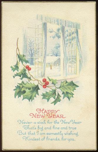 HAPPY NEW YEAR POSTCARD WITH SNOWY SCENE AND HOLLY