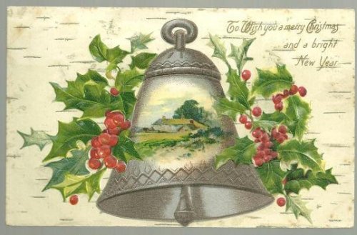CHRISTMAS WISHES POSTCARD WITH SILVER BELL AND HOLLY