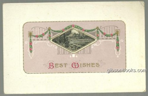 BEST WISHES POSTCARD WITH LANDSCAPE AND GARLAND