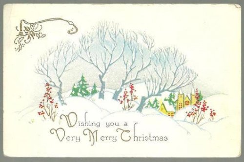 WISHING A MERRY CHRISTMAS POSTCARD WITH SNOWY CHURCH