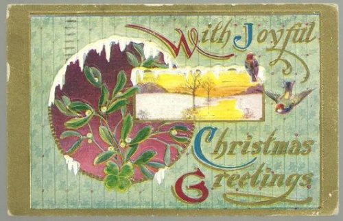 JOYFUL CHRISTMAS GREETINGS POSTCARD WITH BIRDS IN SNOW