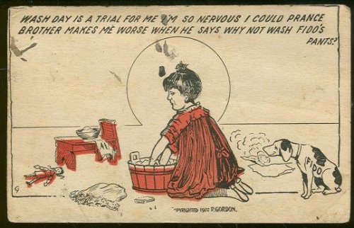 COMIC POSTCARD OF WASH DAY FOR FIDO'S PANTS