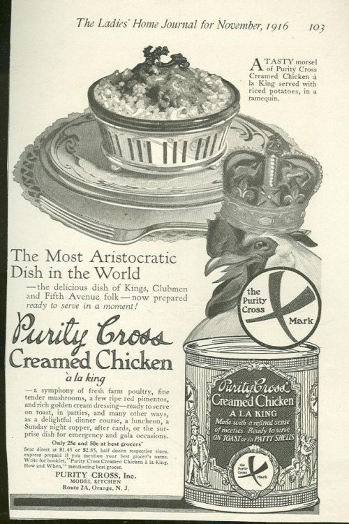 1916 LADIES HOME JOURNAL MAGAZINE ADVERTISMENT FOR PURITY CROSS CANNED CREAMED CHICKEN