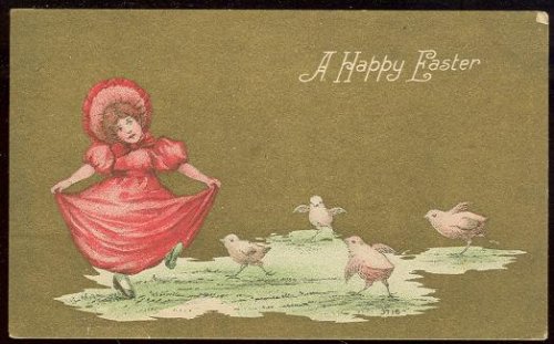 HAPPY EASTER POSTCARD OF LITTLE GIRL DANCING WITH CHICKS