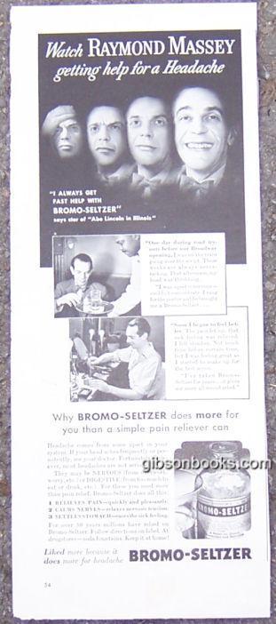 1940 RAYMOND MASSEY BROMO-SELTZER LIFE MAGAZINE ADVERTISEMENT