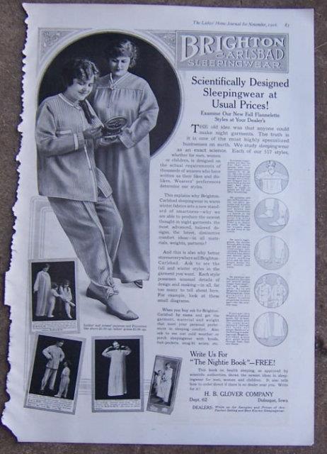1916 LADIES HOME JOURNAL BRIGHTON CARLSBAD SLEEPINGWEAR MAGAZINE ADVERTISEMENT