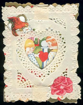 VINTAGE LACY VALENTINE WITH BOY AND GIRL