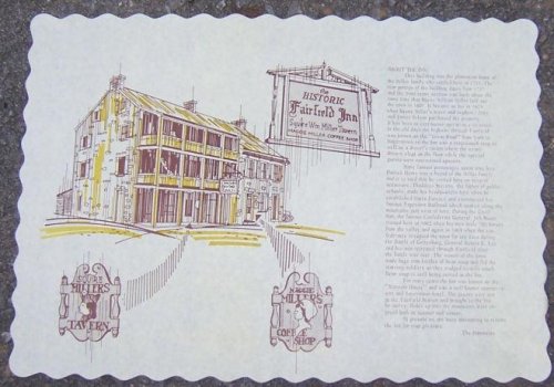 UNUSED PLACE MAT FOR HISTORIC FAIRFIELD INN, FAIRFIELD, PENNSYLVANIA