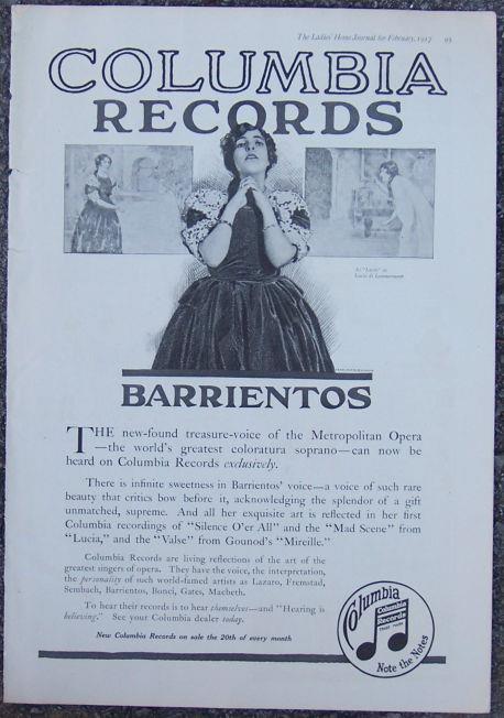 1917 LADIES HOME JOURNAL BARRIENTOS ON COLUMBIA RECORDS MAGAZINE ADVERTISEMENT