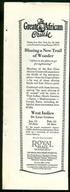 1925 NATIONAL GEOGRAPHIC ROYAL MAIL GREAT AFRICAN CRUISE MAGAZINE ADVERTISEMENT