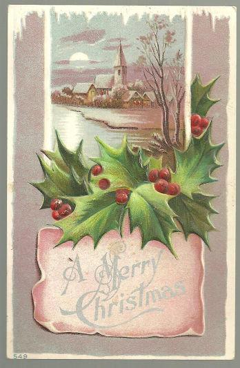 MERRY CHRISTMAS POSTCARD WITH SNOWY CHURCH AND HOLLY