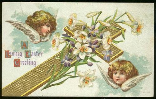 RELIGIOUS EASTER POSTCARD WITH CROSS AND ANGELS