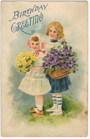 TWO CHILDREN WITH FLOWERS BIRTHDAY GREETINGS POSTCARD
