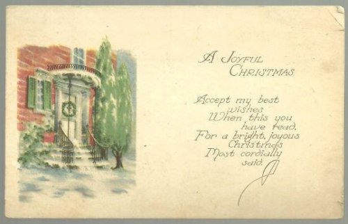 JOYFUL CHRISTMAS POSTCARD WITH SNOWY DOORWAY AND TREE