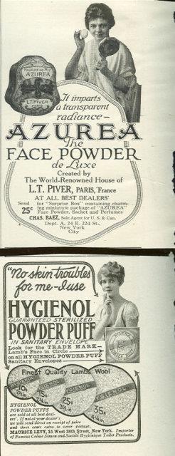 1916 LADIES HOME JOURNAL AZUREA AND HYGEIENOL POWDER PUFF ADVERTISEMENTS