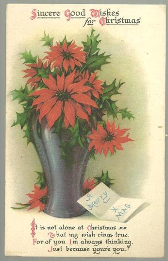 MERRY CHRISTMAS POSTCARD WITH VASE OF POINSETTIAS
