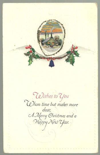MERRY CHRISTMAS AND HAPPY NEW YEAR POSTCARD WITH SNOWY HOUSE