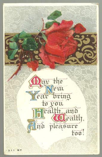 VICTORIAN NEW YEAR POSTCARD WITH RED ROSE AND GOLD