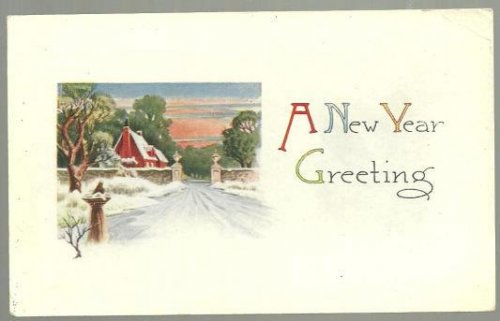 NEW YEAR GREETINGS POSTCARD WITH SNOWY RED HOUSE