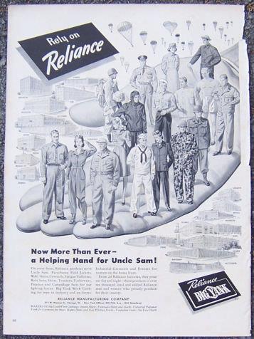 1944 WORLD WAR II RELIANCE CLOTHING MAGAZINE ADVERTISEMENT