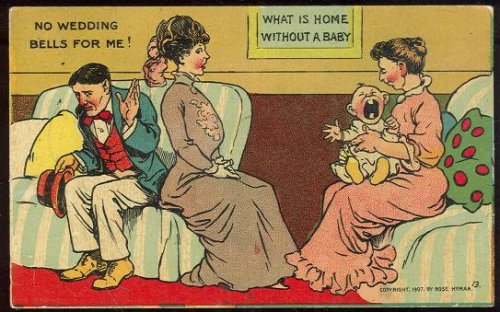 COMIC CARD OF VICTORIAN COUPLE NO WEDDING BELLS