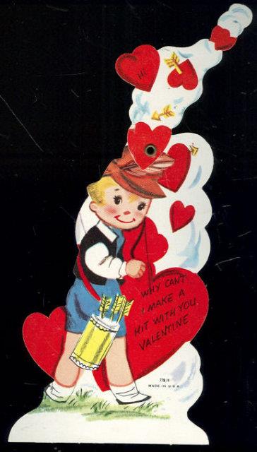VINTAGE VALENTINE CARD LITTLE BOY WITH BOW AND ARROWS