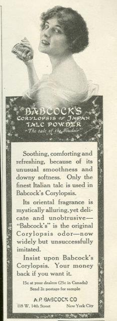 1916 LADIES HOME JOURNAL BABCOCK'S CORYLOPSIS OF JAPAN TALC POWDER MAGAZINE ADVERTISEMENT