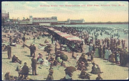BATHING SCENE NEAR STEEPLECHASE AND STEEL PIER, ATLANTIC CITY, NEW JERSEY