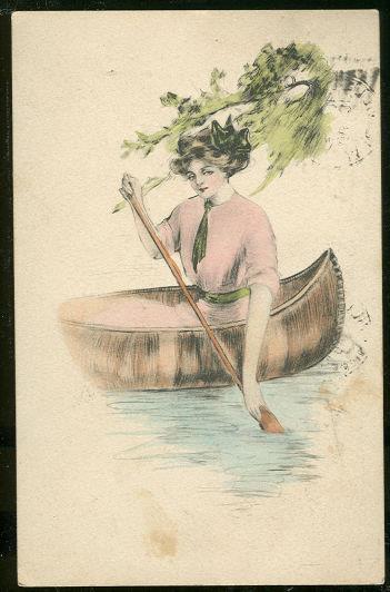 LOVELY VICTORIAN LADY PADDLING A CANOE