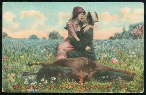 COUPLE ON HORSE, WE HAVE NO KICK COMING