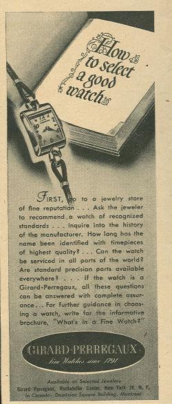 1944 GIRARD PERREGAUX MAGAZINE ADVERTISEMENT