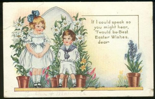 EASTER POSTCARD WITH TWO CUTE KIDS WITH EASTER WISHES