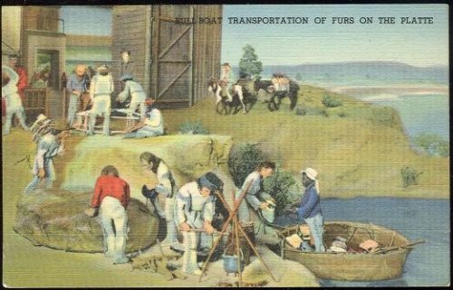 DIORAMA AT STATE MUSEUM, E. 14TH AND SHERMAN STREET, DENVER, COLORADO. BULL-BOAT TRANSPORTATION OF FURS ON THE PLATTE