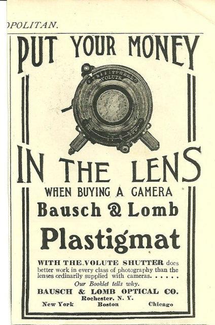 1904 COSMOPOLITAN MAGAZINE AD FOR BAUSCH AND LOMB CAMERA LENS