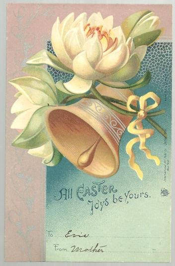EASTER JOYS POSTCARD WITH BELL AND FLOWERS