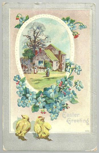 EASTER GREETINGS POSTCARD WITH PASTORAL SCENE WITH CHICKS