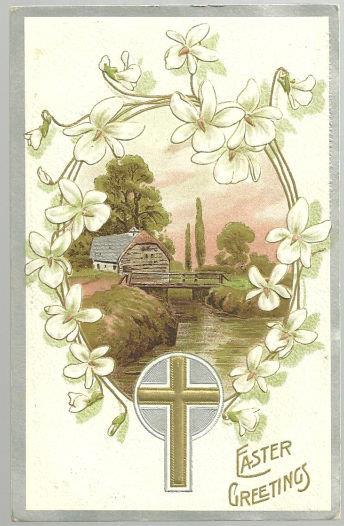 EASTER GREETINGS POSTCARD WITH CROSS AND PASTORAL SCENE